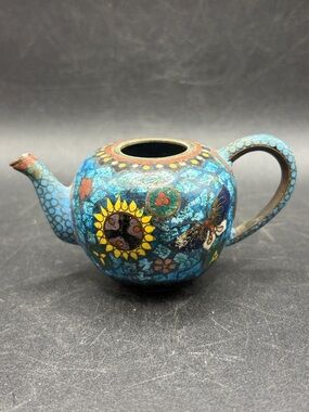 Antique Japanese Cloisonne Shippo Yaki Miniature Floral Butterfly Teapot Vessel